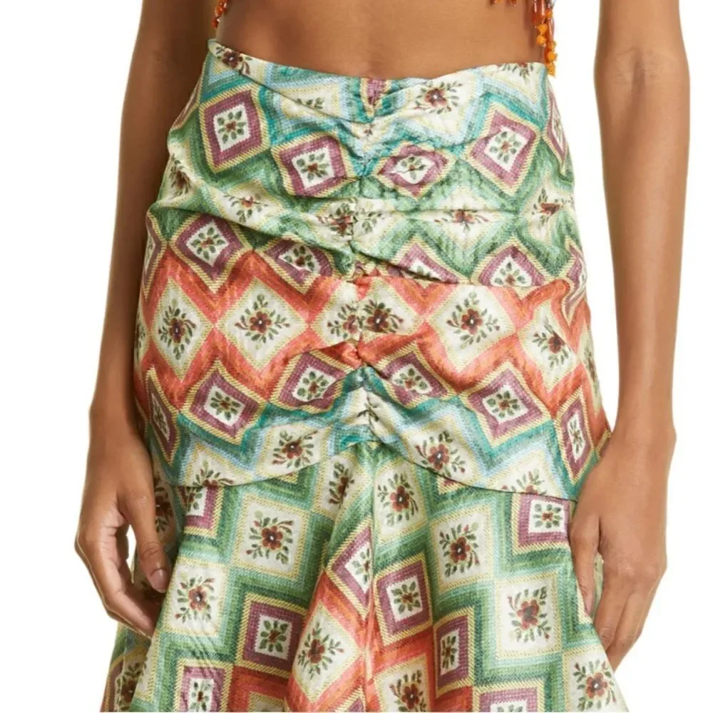 NWT AUTUMN ADEIGBO Soraya Geometric-Print Ruched Bead-Fringe Midi Skirt Size 8